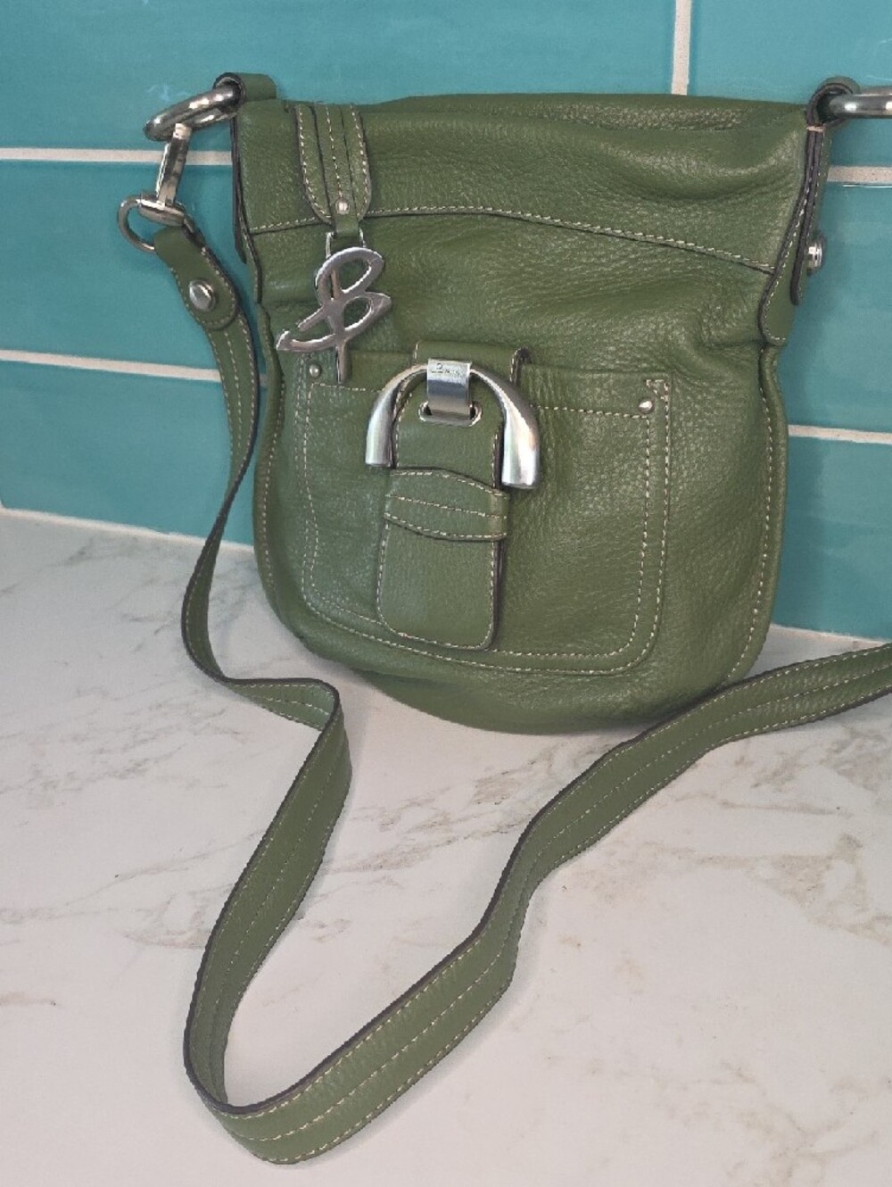 b. makowsky Olive Green Leather Crossbody with Silver Hardware - Picture 2 of 13